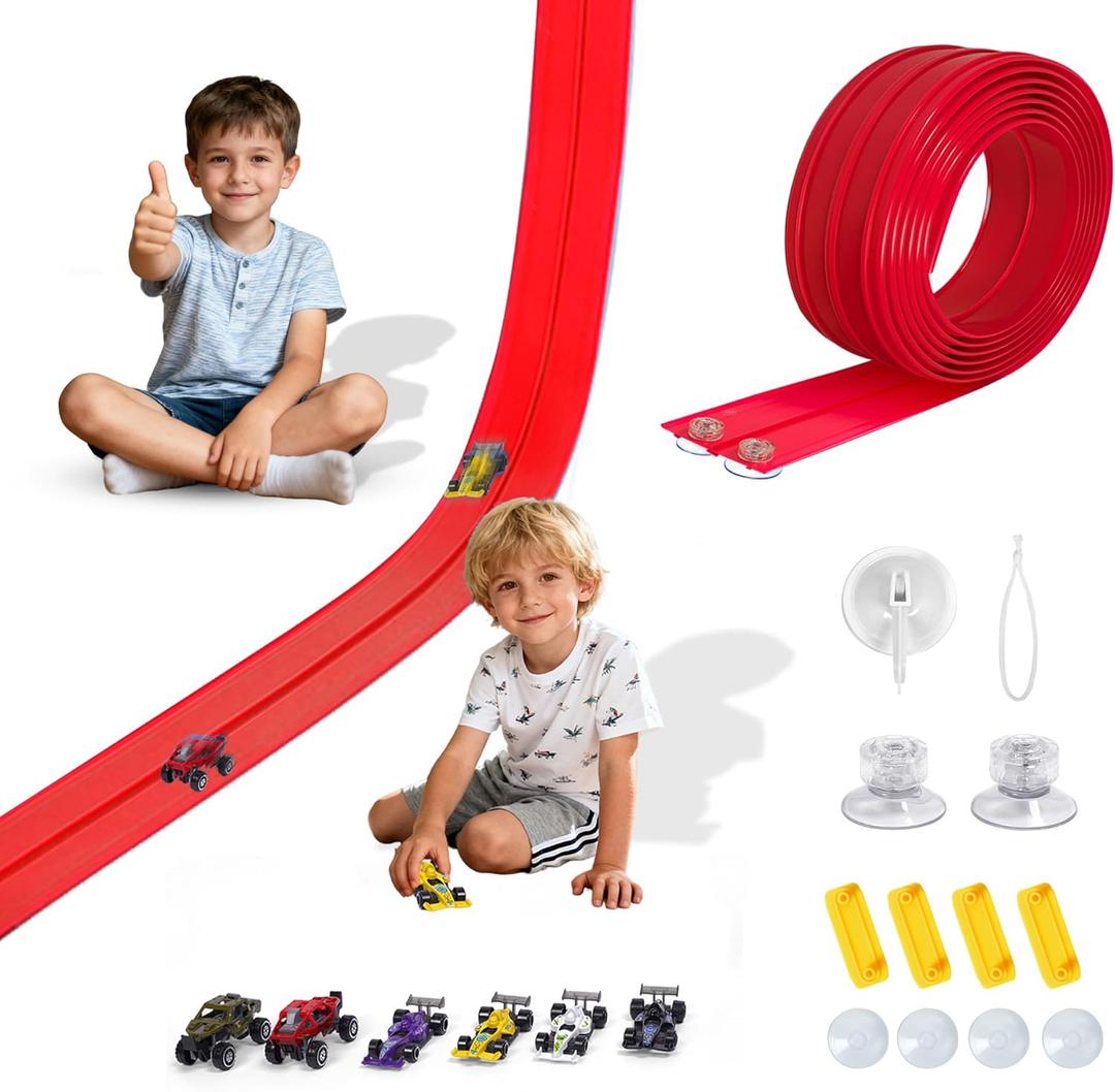Portable DIY 16ft Flexible Race Track with Roll-Up Storage Compatible with 1/64 Diecast Cars Ages 3+Includes 6 Racing Cars Christmas Decorations for Kids (Red)