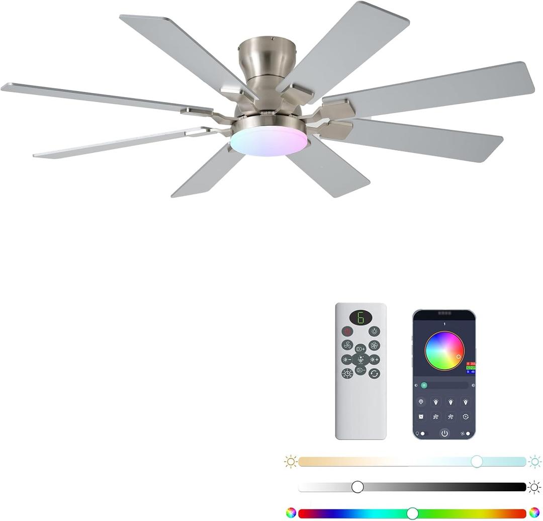 JSAITEE 52 inch Ceiling Fan with Light, 6 Speeds Reversible Low Profile Ceiling Fan with Light and Remote/APP Control, 3 Color Temp+Dimmable RGB, 8 Blades, Flush Mount Quiet Ceiling Fans, Nickel