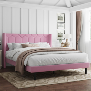 Queen Size Bed Frame with Velvet Upholstered Headboard, Platform Bed Frame No Box Spring Needed, Modern Bedframe with Strong Wooden Slats, Pink