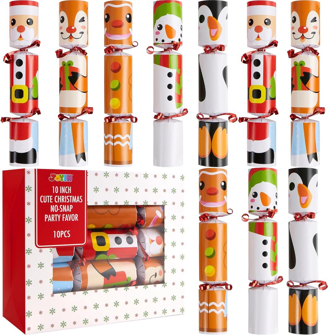 JOYIN 10 Pack Christmas Non-Snap Party Favor with Cute Characters, Includes Party Hat, Joke & Gift, Christmas Table Decorations for Holiday Dinner Traditions Supplies, Stocking Stuffers for Kids, Cartoon