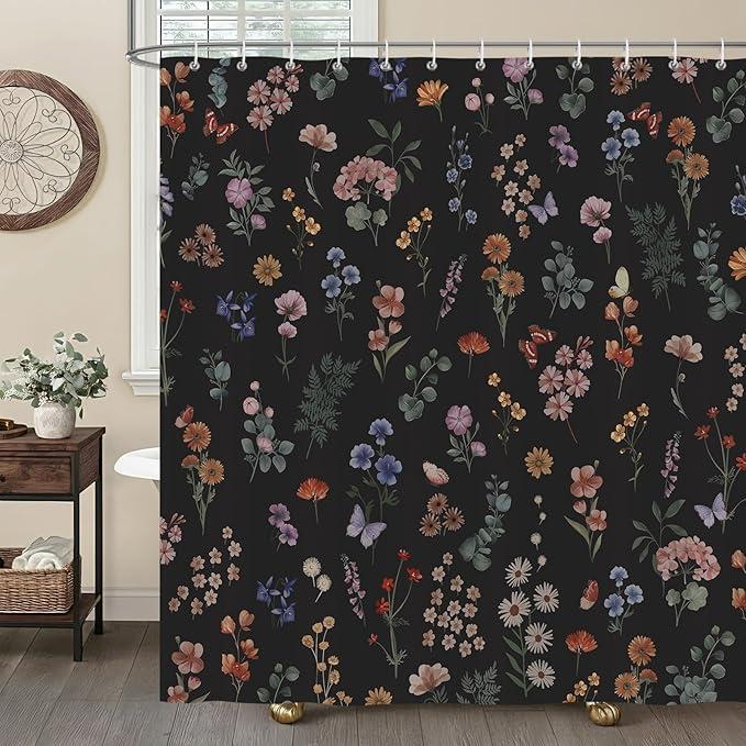 Black Floral Shower Curtain, Boho Flower Leaves Vintage Rustic Farmhouse Shower Curtain for Bathroom Waterproof Polyester Fabric with 12 Hooks, 72 x 72 Inches