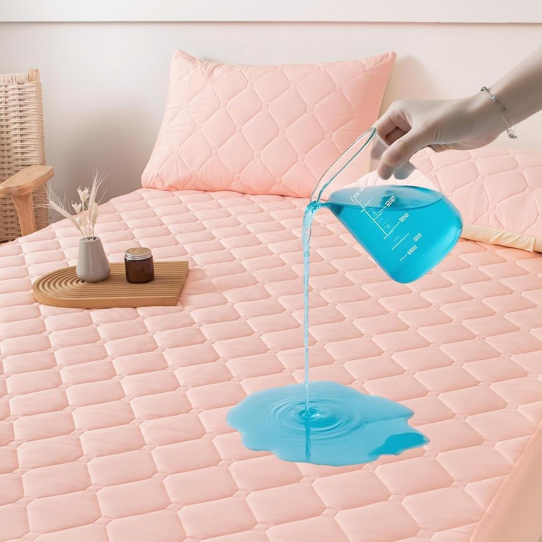 Twin Size Quilted Fitted Mattress Pad - Waterproof Mattress Protector with 17" Stretchable Deep Pockets - Elastic Edges, Machine Washable (1 Pcs Mattress Pad + 2 Pcs Pillowcases) (Pink)