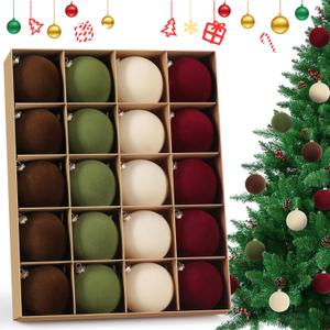 20-Pack Flocked Velvet Christmas Ball Ornaments, 3.15"/8cm Decorative Hanging Baubles, Shatterproof Plastic Holiday Home Decoration Balls for Xmas Tree, Wreath, Garland, Mixed Color
