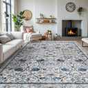 Machine Washable Area Rugs - 9x12 Area Rugs for Living Room Floral Vintage Rugs Large Stain Resistant Carpets Soft Indoor Home Thin Rug for Bedroom Dining Room Office 9x12 Blue/Cream