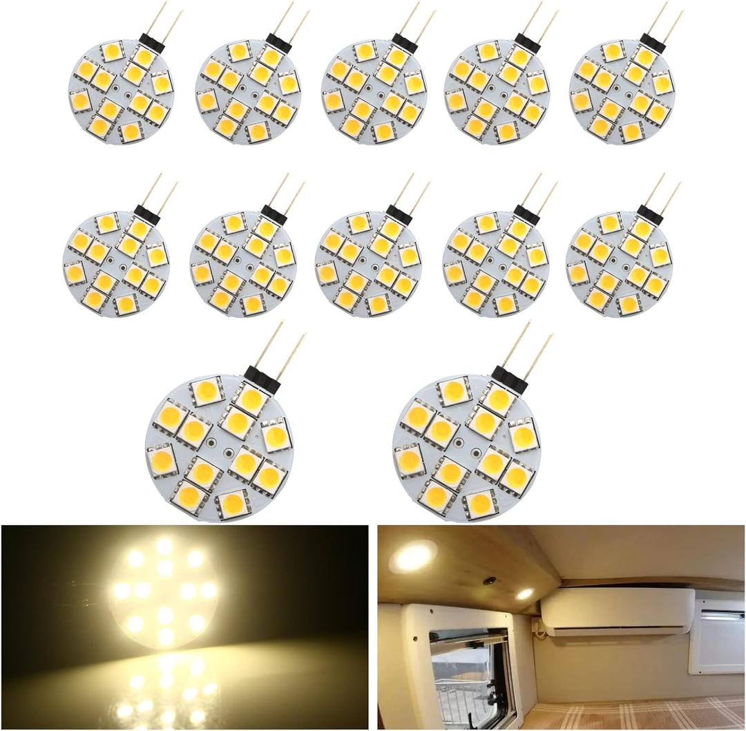 EverBrightt G4 Warm White Round 5050 12SMD Marine RV Reading Car Led Light Bulbs Boat Lighting DC 12V 12-Pack (WarmWhite)