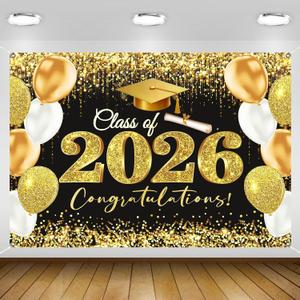 Gold Black Graduation Backdrop Decorations 2026 7x5ft Class of 2026 Congratulations Banner Congrats Grad Graduate Backdrop Banner for 2026 Graduation Party Decorations Background (84x60inch)