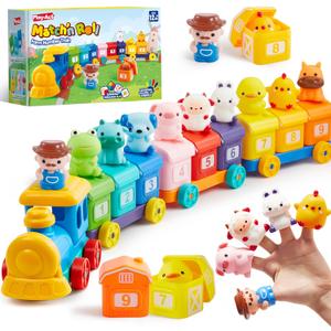 Play-Act Learning Toy for Toddlers 1 2 3 Years Old, Counting, Matching & Sorting Montessori Learning Farm Train Including 9 Farm Animals, Easter Basket Stuffers Birthday Gift for Baby Boys Girls, Farm Number Train