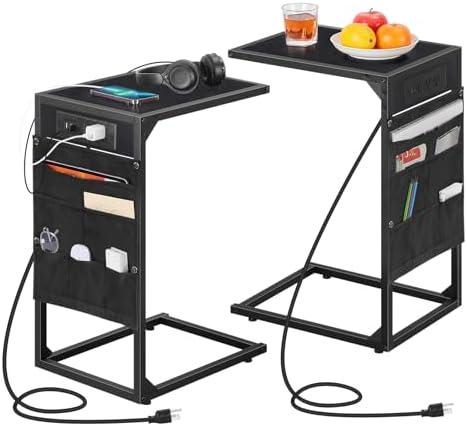 KANEODOT C Shaped End Table Set of 2, TV Tray with Charging Station, USB Ports and Outlets, Slide Under Couch, Storage Bag, for Small Spaces, Black