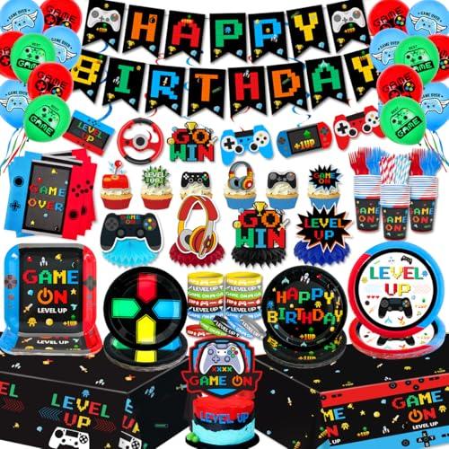 Gamer Birthday Party Decorations Video Game Plates and Napkins Cups GO WIN Honeycomb Centerpieces Hanging Swirls Balloons Cake Toppers LEVEL UP Bracelets Tablecloth Gaming Birthday Party Supplies