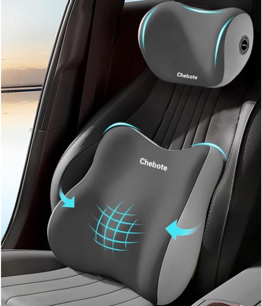 Car Seat Headrest and Lumbar Support kit, Ergonomic Memory Foam Neck Pillow and Back Cushion for Drivers, Suitable for Car/Office Chair (Grey)