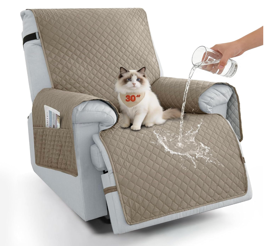 Sparaiz 100% Waterproof Recliner Chair Covers 30", Non-Slip Recliner Cover for Chair with Pocket Washable Recliner Covers with Elastic Straps Oversized Recliner Cover for Kids Pets-Khaki
