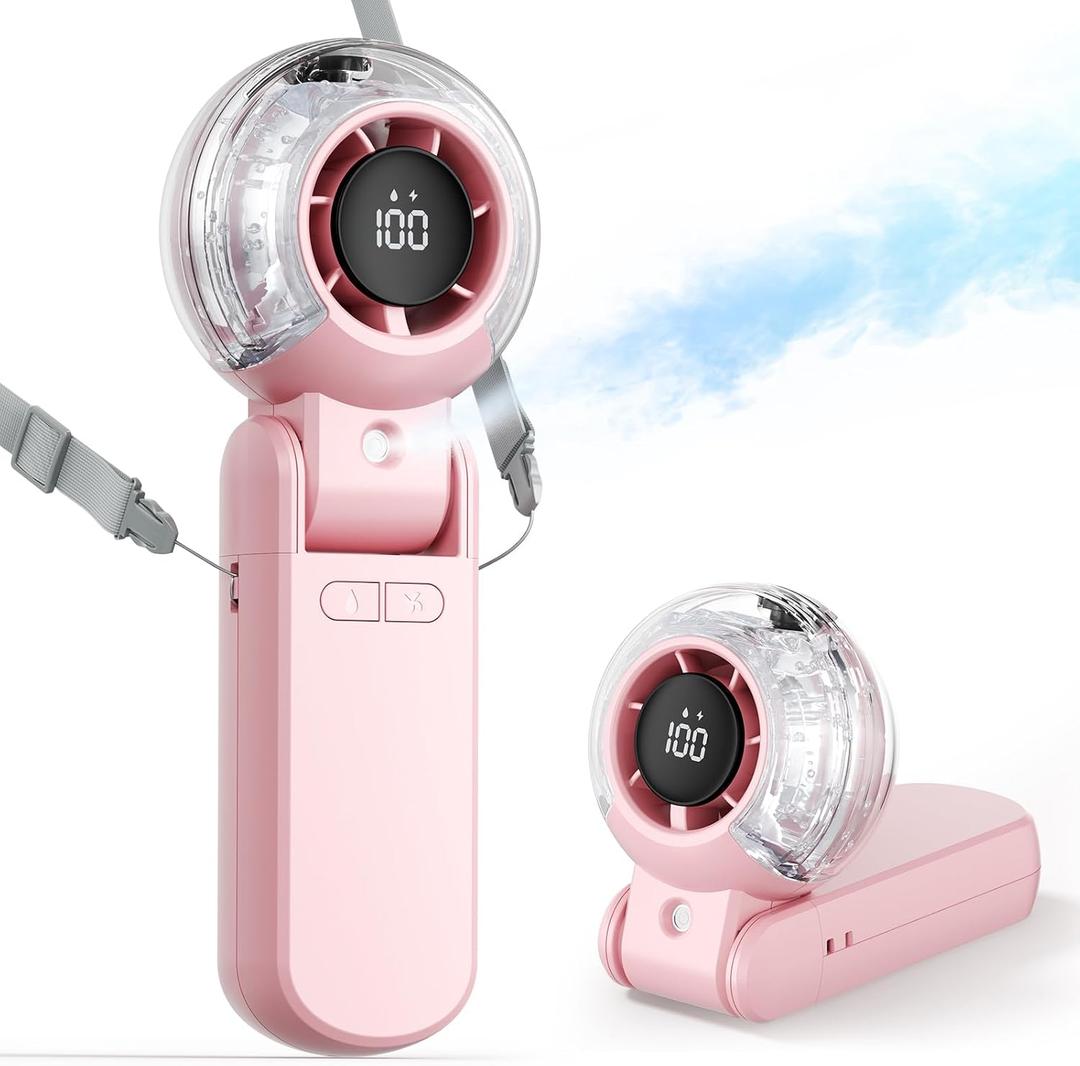 TriPole Misting Fan Portable Handheld Turbo Fan with Mist, LED Display, Neck & Desk Foldable High Speed Airflow Mini Fans, Rechargeable Personal Mister Fans with Water Spray Bottle for Outdoor Travel