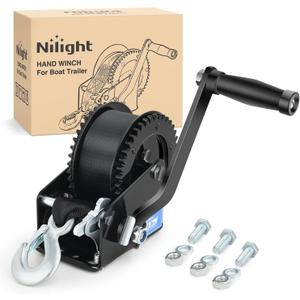 Nilight Boat Trailer Winch 2000 Lbs Hand Crank Winch Heavy Duty Boat Winches with 23Ft Strap Rope Hook 2-Way Ratchet 4:1 Gear Portable Marine Manual Winch for Trailers Boats RV ATV Jet Ski Towing (Black)