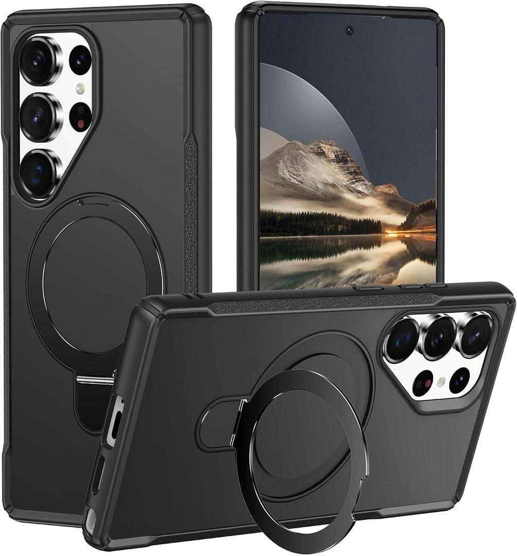 Designed for Samsung Galaxy S25 Ultra Case with Kickstand Compatible with Magnetic Wireless Charging, Shockproof Protective Case, Black