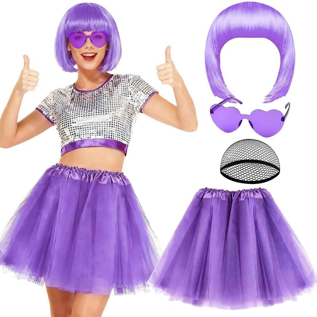 PLULON Light Purple Bob Wig Tutus Heart Sunglasses for Women Costume, Puffy Princess Tulle Tutu Skirt Colorful Short Bob Wigs for Birthday Bachelorette Mardi Gras Party Valentine's Day Music Festivals