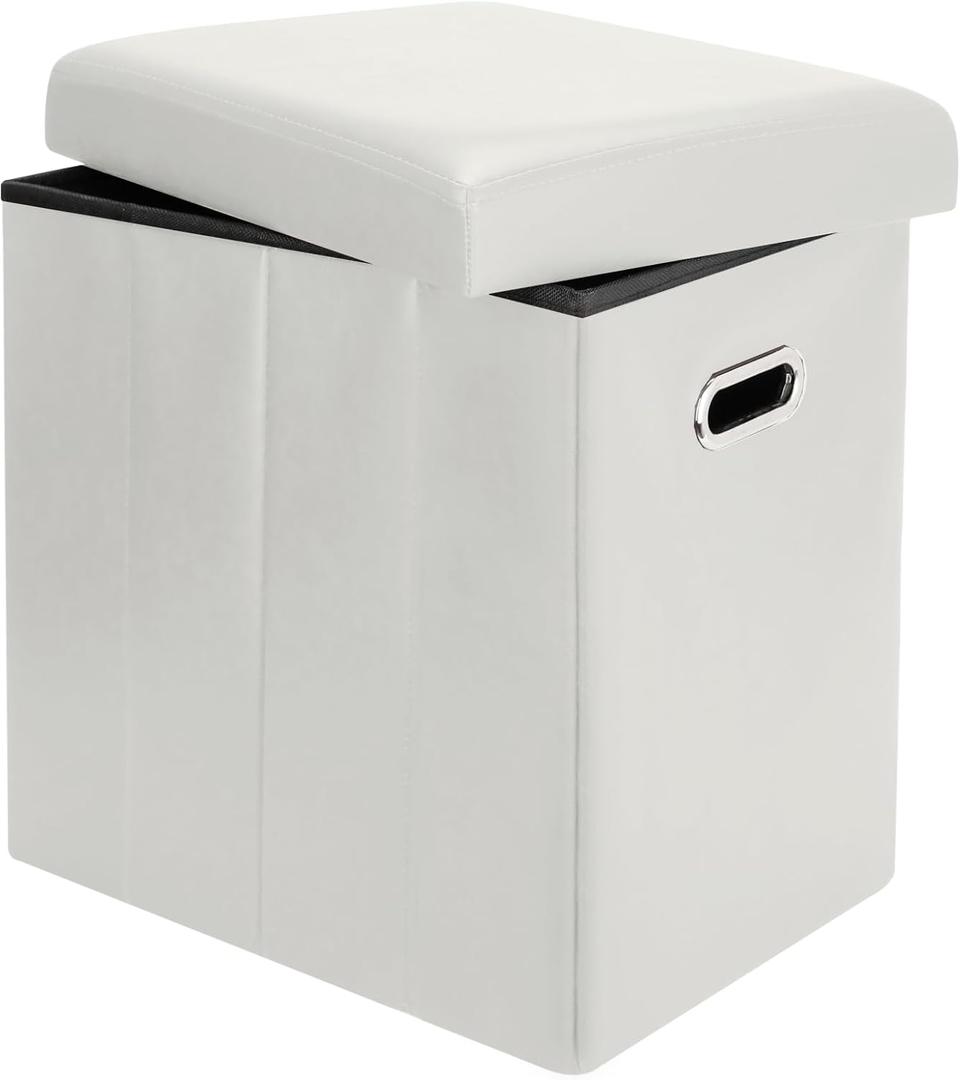 Tall Ottoman with Storage, Faux Leather Collapsible Slim Folding Ottoman Furniture with Handles Lid for Room Footrest Foot Stool, White 16.5x16.5x11.8in