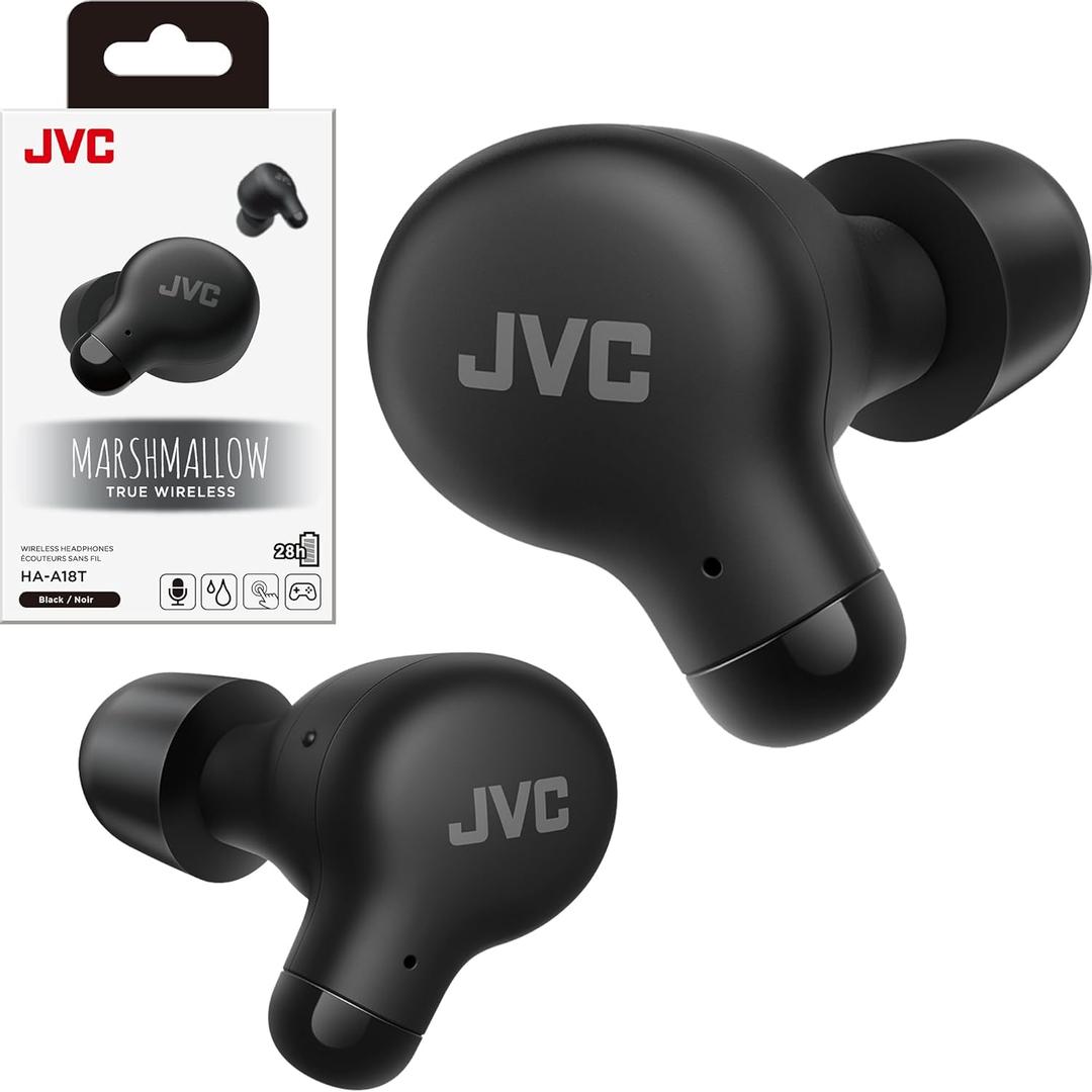 JVC Marshmallow True Wireless Bluetooth 5.3 Earbuds  28H Battery, Memory Foam Earpieces for All-Day Comfort, IPX4 Water Resistant, Mic, Compact Case, for iPhone & Android (Black)