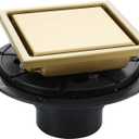 4 Inch Gold Shower Drain, SUS304 Stainless Steel Square Bathroom Floor Drain with Flange Reversible 2-in-1 Cover Insert Tiles for Filtering, Brushed Gold