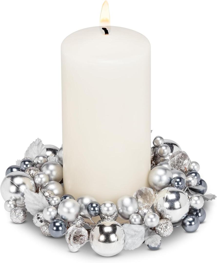 4 x Abbott Collection Beaded Pillar Candle Ring, Silver (6.5" D)