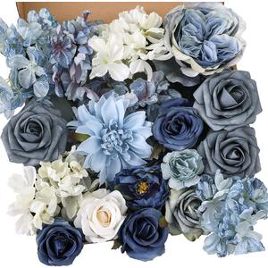 Artificial Flowers Combo Box Set Dusty Blue Flowers for DIY Wedding Bouquet Arrangements Bridal Shower Party Home Decorations(White Blue Rose)