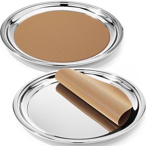 LemonRoad 2 Set Round Silver Mirror Decorative Tray 12.6 Inch Stainless Steel Metal Serving Tray Mirrored Finish Circular Bar Platter with Anti Slip Mat Vanity Kitchen Organizer for Home