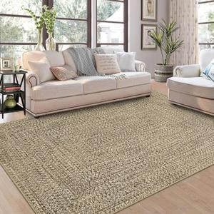 ROYHOME 9x12 Area Rug Large Machine Washable Rug for Living Room Print Braided Floor Cover Stain Resistant Non-Slip Farmhouse Solid Printed Textured Carpet for Home Decor, Linen