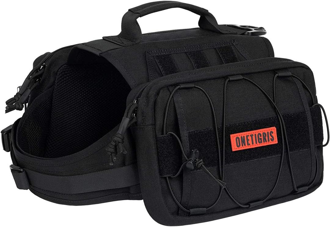 OneTigris Dog Backpack for Medium & Large Dogs, Nylon Backpack for Dogs Tactical Pet Backpack with Side Pockets for Hiking Walking Training Running (Black, Large)