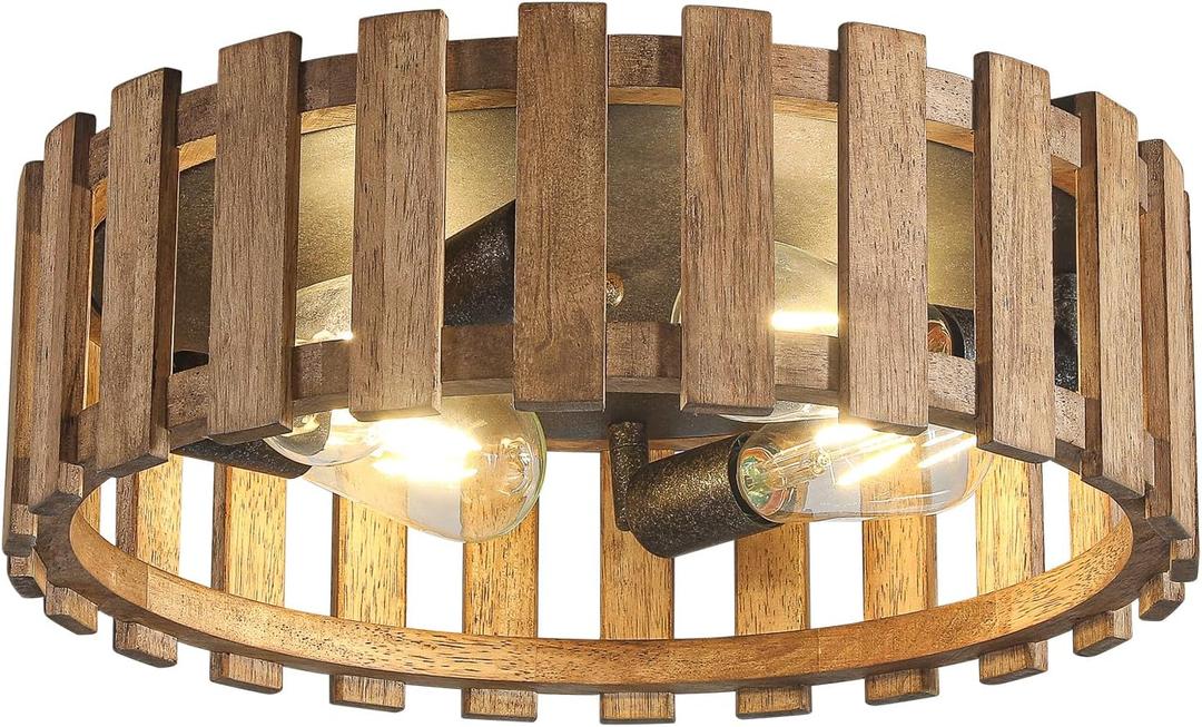 Farmhouse Flush Mount Ceiling Light, 17 Inch 4-Light Wood Close to Ceiling Light Fixture, Retro Hallway Light Fixtures Ceiling, Rustic Drum Ceiling Light for Kitchen Entry Living Room (Brown)