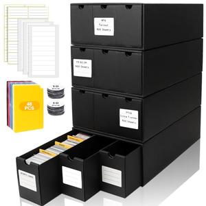 QLOUNI Trading Card Storage Box, Includes 12-600 CT Boxes & 48 Card Dividers, 12000+ Trading Card Organizer for Collectible Card Games, for TCG, MTG, PTCG, Baseball Cards, with Labels & Tapes