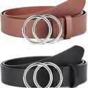 Pack 2 Women Belts for Jeans with Fashion Double O-Ring Buckle and Faux Leather (Brown)
