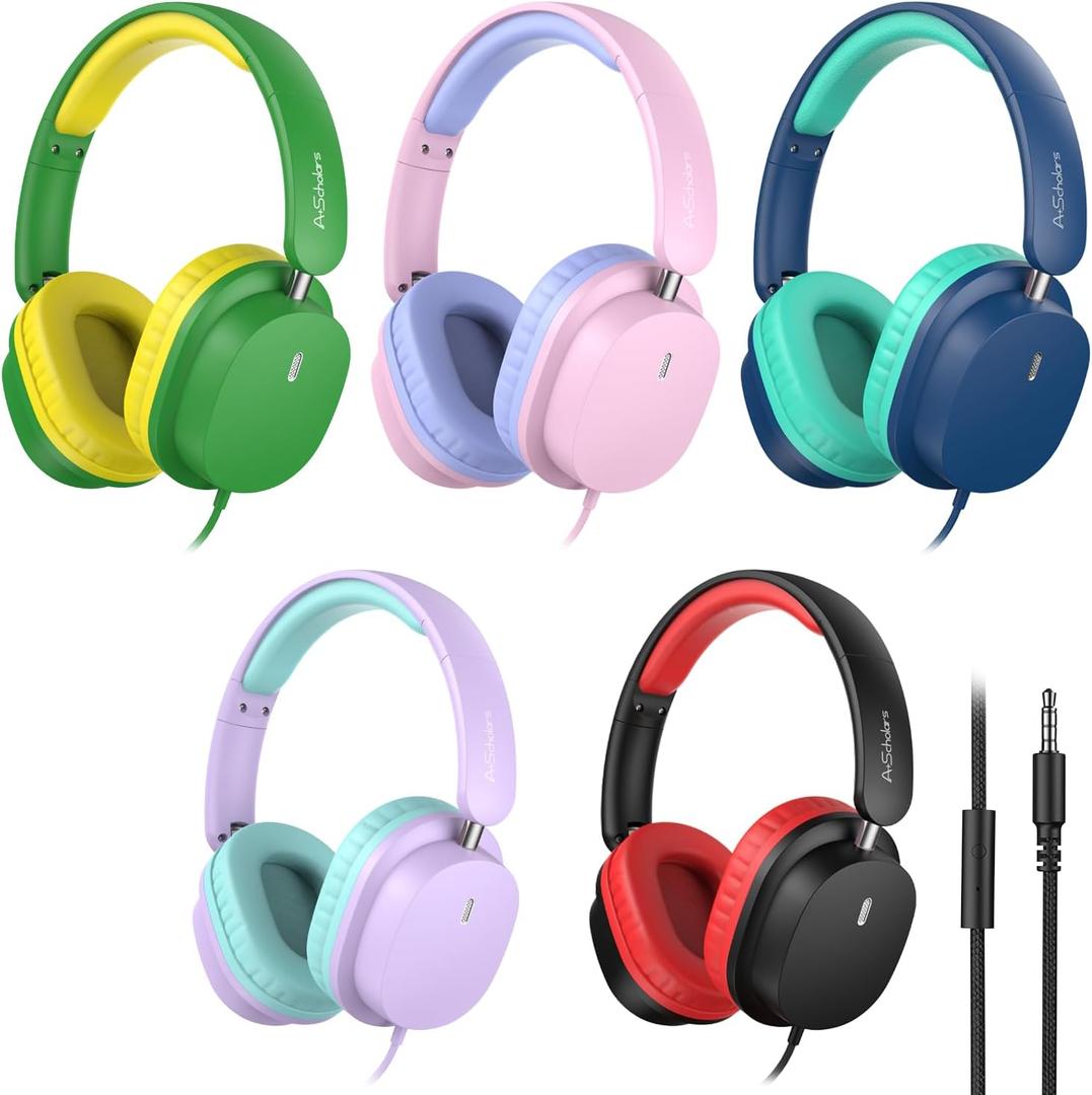 Kids Headphones Bulk 5 Pack for School, HD Mic Stereo Sound Over-Ear Headphones for Classroom, Comfortable Fit, Foldable, 3.5mm Jack Wired Headphones for Kids ipad Tablets Computer Travel