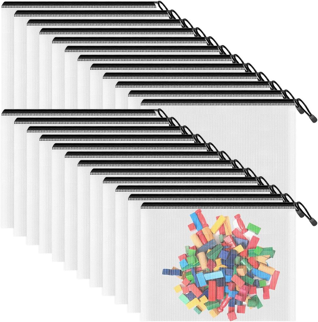 Smarpau A5 Mesh Zipper Pouch, 24 Pack 9.5" x 7.1" Plastic Zipper Pouches for Organizing, Multipurpose Waterproof Zip Bags for Travel Office Home Storage, Black