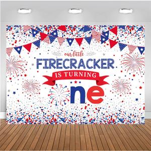 Mocsicka 7x5ft Independence Day 1st Birthday Backdrop 4th of July Our Little Firecracker is Turning One First Birthday Decorations Background Fireworks Photography Photobooth Props