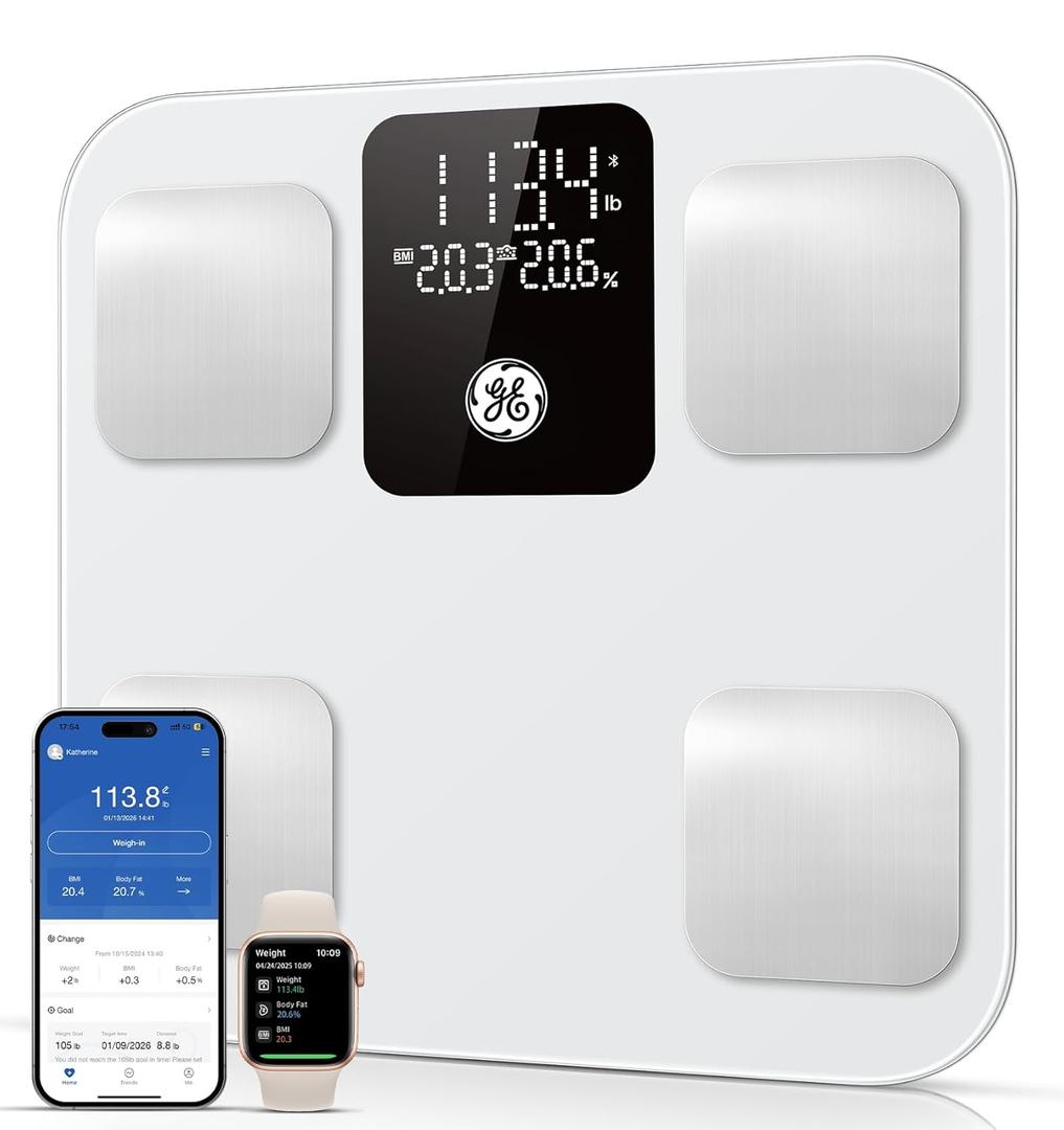 GE Smart Scale for Body Weight: Body Fat, BMI, Digital Bathroom Scale - 14 Body Composition Analyzer Health Monitor, Highly Accurate Bluetooth Weighing Scale with App 400 lb, 11 Inch (White)