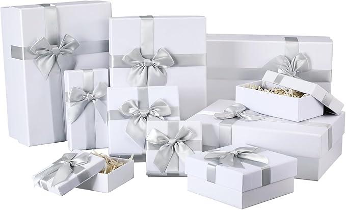 Tenceur 6 Pcs Gift Boxes with Lids Heavy Duty Nested Assorted Sizes Cardboard Gift Boxes for Presents with Ribbon for Xmas Holiday Present(White,5 Size)