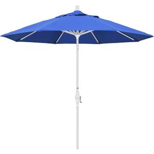 California Umbrella 9' Round Aluminum Market Umbrella, Crank Lift, Collar Tilt, White Pole, Royal Blue Olefin