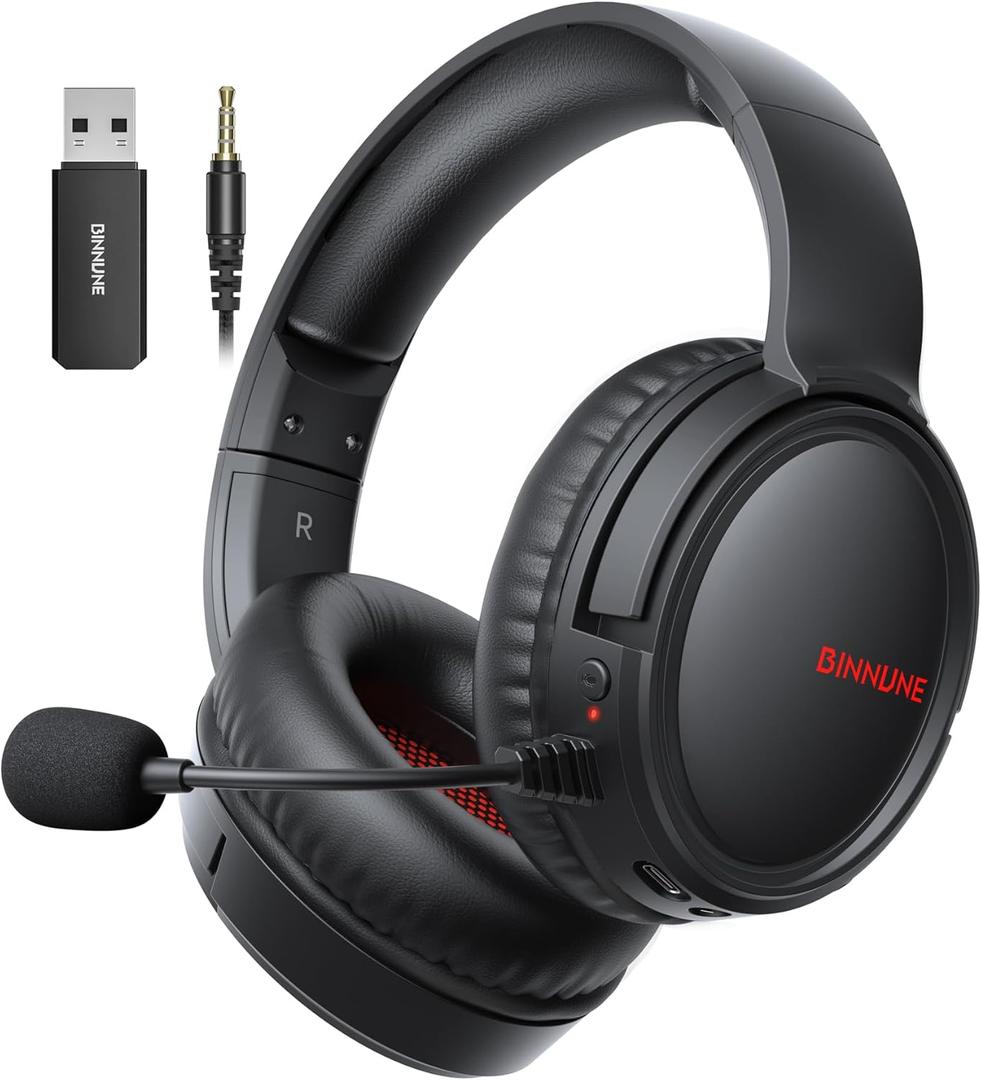 Binnune Wireless Gaming Headset with Mic, Lightweight Over-Ear Gaming Headphones Comfort for Long Gaming Sessions, Low Latency Wireless + Bluetooth, Noise Cancelling Mic, 50mm Drivers, 40H Battery