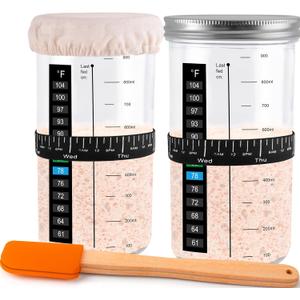Sourdough Starter Jar, 2 Pack 35 oz Sourdough Starter Kit with Thermometer, Feeding Date Band, Scraper, Cloth Cover, and Metal Lid. Sourdough Baking (Orange)