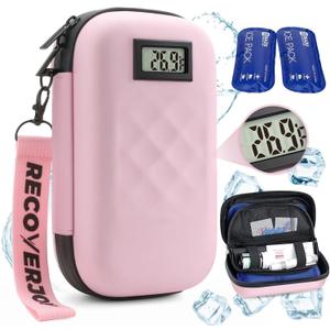 TSA Approved Insulin Cooler Travel Case Diabetic Medication Bag With Thermometer Temperature Display Medication Diabetic Cooler Travel Medicine Organizer Bag for women & 2 Ice Pack-Pink