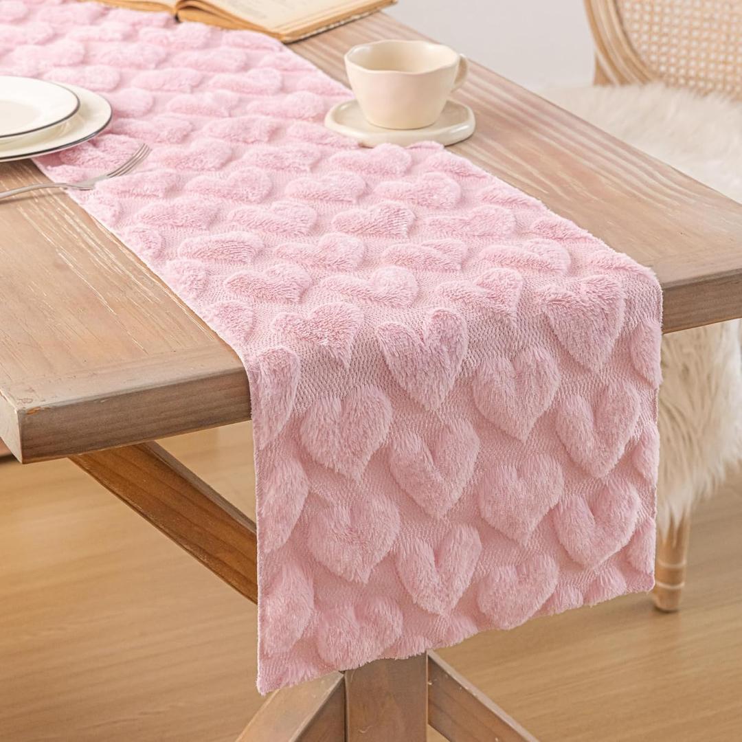 Valentine's Day Table Runner, Blush Pink Soft Plush Faux Fur Love Heart Table Runners 90 inches Long, Festival Kitchen Dining Table Decoration for Home Party Decor 13x90 Inch