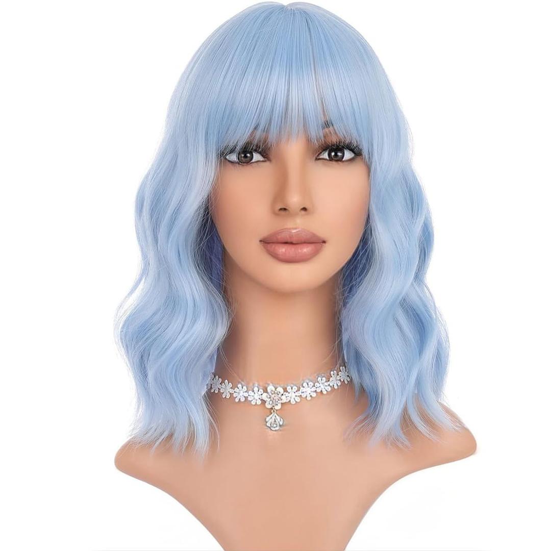 Light Blue Wig Short Bob Wig Short Blue Wigs for Women Curly Wavy Wig with Air Bangs Heat Resistant Synthetic Hair Wigs for Daily Use Cosplay Wig With Wig Cap