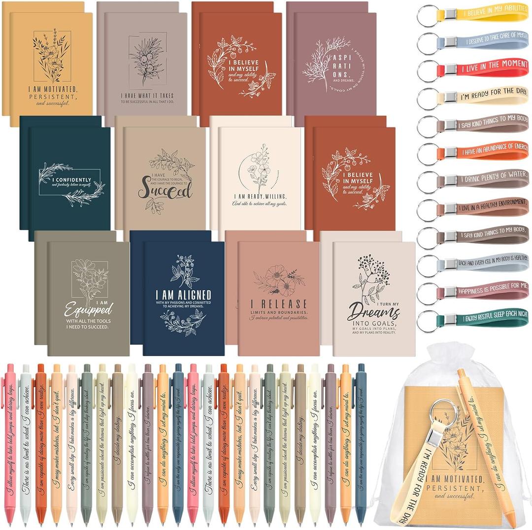 36 Pcs/12 Set Positive Affirmation Gift Set Gratitude Notebooks with Affirmation Pens Keychains Small Bags Motivational Notepads for Women Coworkers Christmas Adult Party Favors(Vibrant)