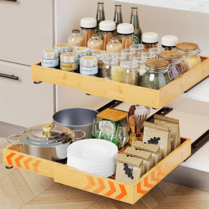 Bamboo Pull Out Cabinet Organizer, Adjustable Width（13.4"-20.5"） Slide Out Drawers for Kitchen Cabinets,Fixed with Nano Adhesive Film for Kitchen Base Cabinet Pantry Bathroom Organization