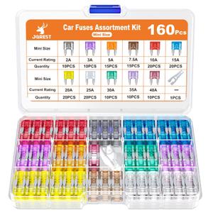 JOREST 160Pcs Mini Fuses Kit,Car Fuses Assortment Kit,Automotive Blade Fuse for Car/RV/Truck/Motorcycle(2Amp 3A 5A 7.5A 10A 15A 20A 25A 30A 35A 40A) + Auto Fuse Puller