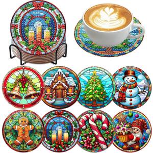 8 Pack Christmas Diamond Art Coasters Kit - Christmas Diamond Painting Coasters Kit Set with Holder Cork Pads, Diamond Art Kits for Adults Coaster, Gift for Handmade Lovers Non-Slip 3.9inch