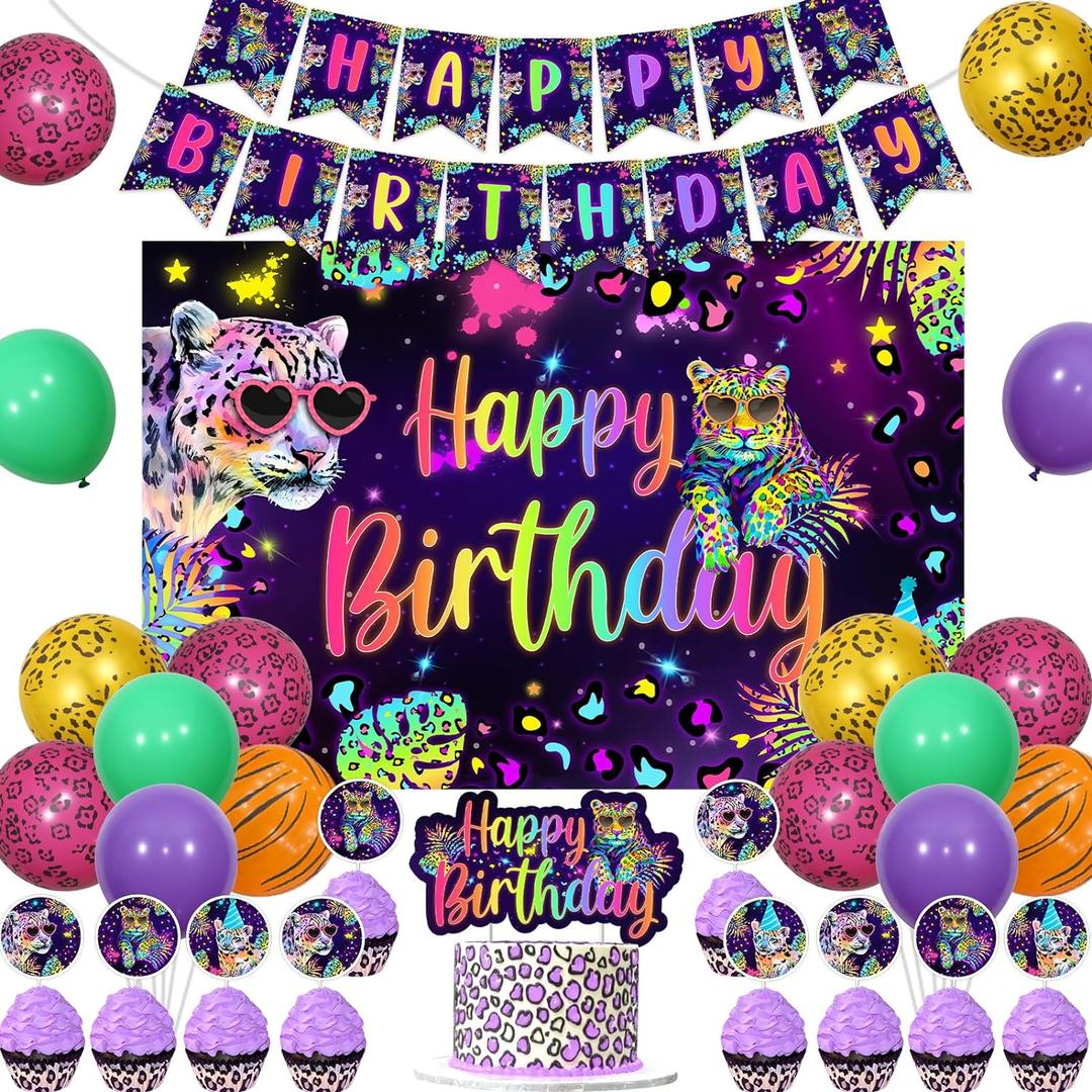 Cheereveal Rainbow Cheetah Birthday Decorations for Boys Girls - Leopard Print Happy Birthday Backdrop, Cheetah Wild Cake Cupcake Toppers, Jungle Safari Animal Theme Party Supplies