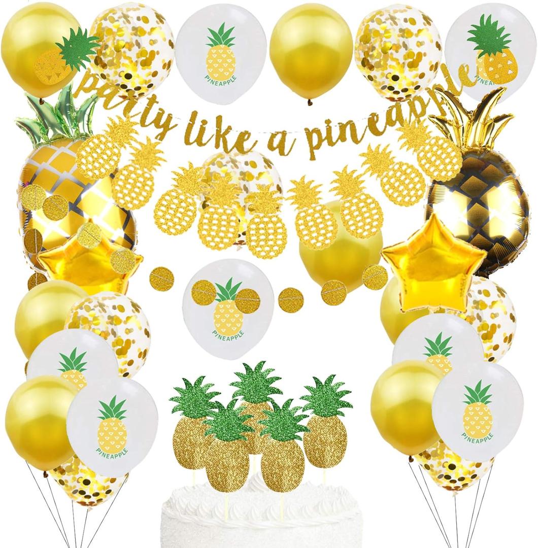 Gold Glitter Pineapple Party Decorations - Summer Pineapple Garland Banner, Latex & Foil Balloons, Cupcake Toppers for Bachelorette, Birthday, Luau Parties