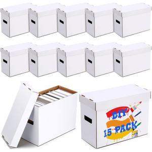 Fuyoooo 15 Pack White Comic Book Storage Boxes, Holds 150-175 Comics, Stackable Comic Short Bin Organizer Cardboard Box for Collapsible Magazine Book Collecting Supplies (15.4 x 7.5 x 11.4 Inch)
