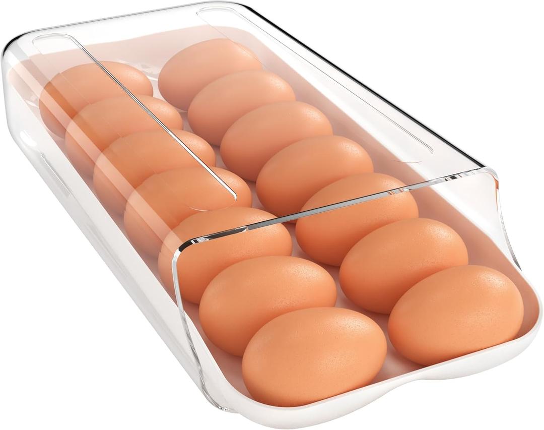 theaoo Egg Holder for Fridge, Automatic Rolling Egg Container for Refrigerator, Clear Plastic Egg Dispenser, Stackable Eggs Organizer with Quick Removable inner Tray For Organizers and Storage, 1 Pack (White)