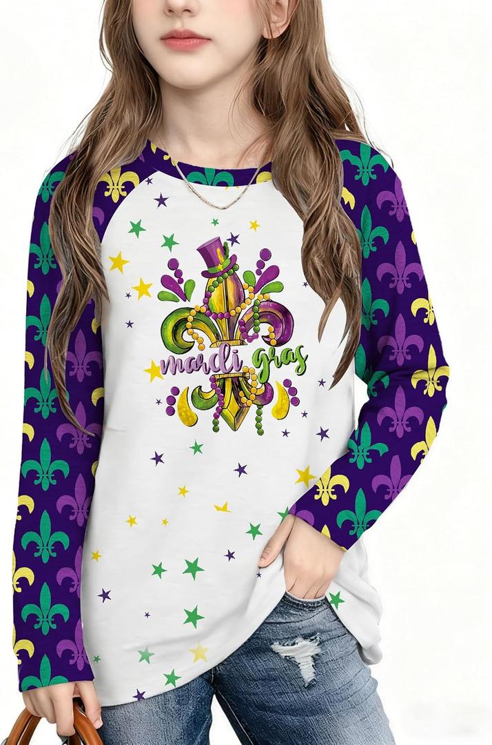 Kids Mardi Gras Shirt Girls Boys Fat Tuesday Shirts New Orleans Carnival Party Mask Graphic Outfits (White, 120)